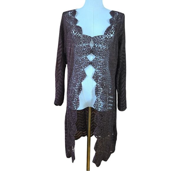 Bette Sung Womens VTG 90s Y2K Brown Crochet Knit Long Cardigan XL Festival Boho - Picture 1 of 12